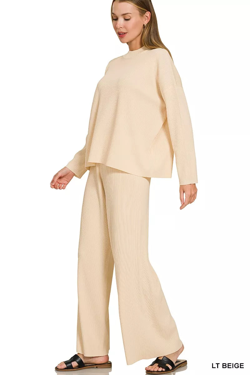 Light Beige Sweater Set for Women - fabric detail