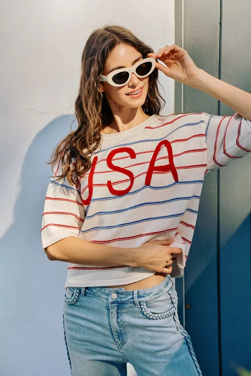 Women's USA Stripe Knit Sweater Top - back view