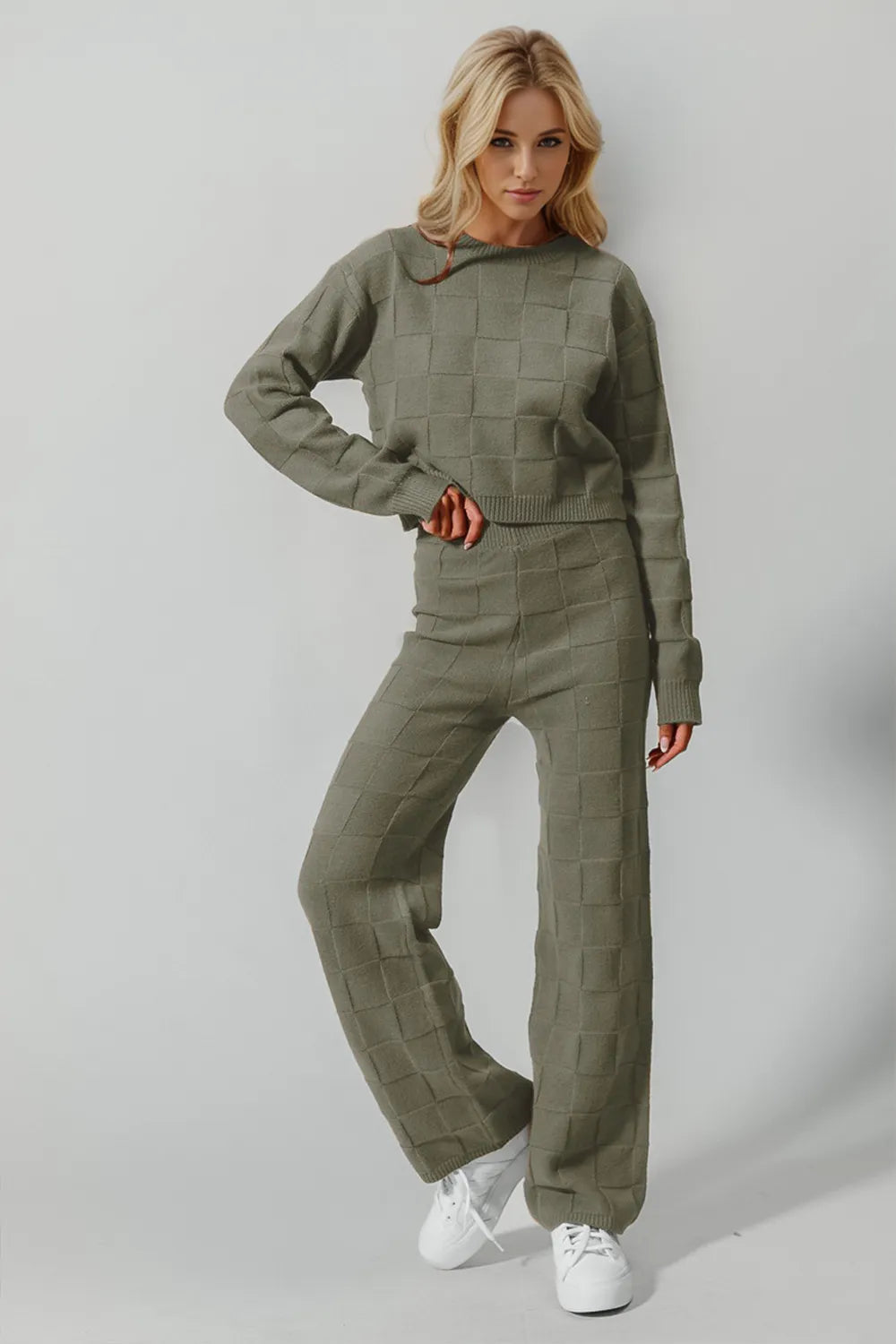 Checkered Knit Matching Set for Women - fabric detail