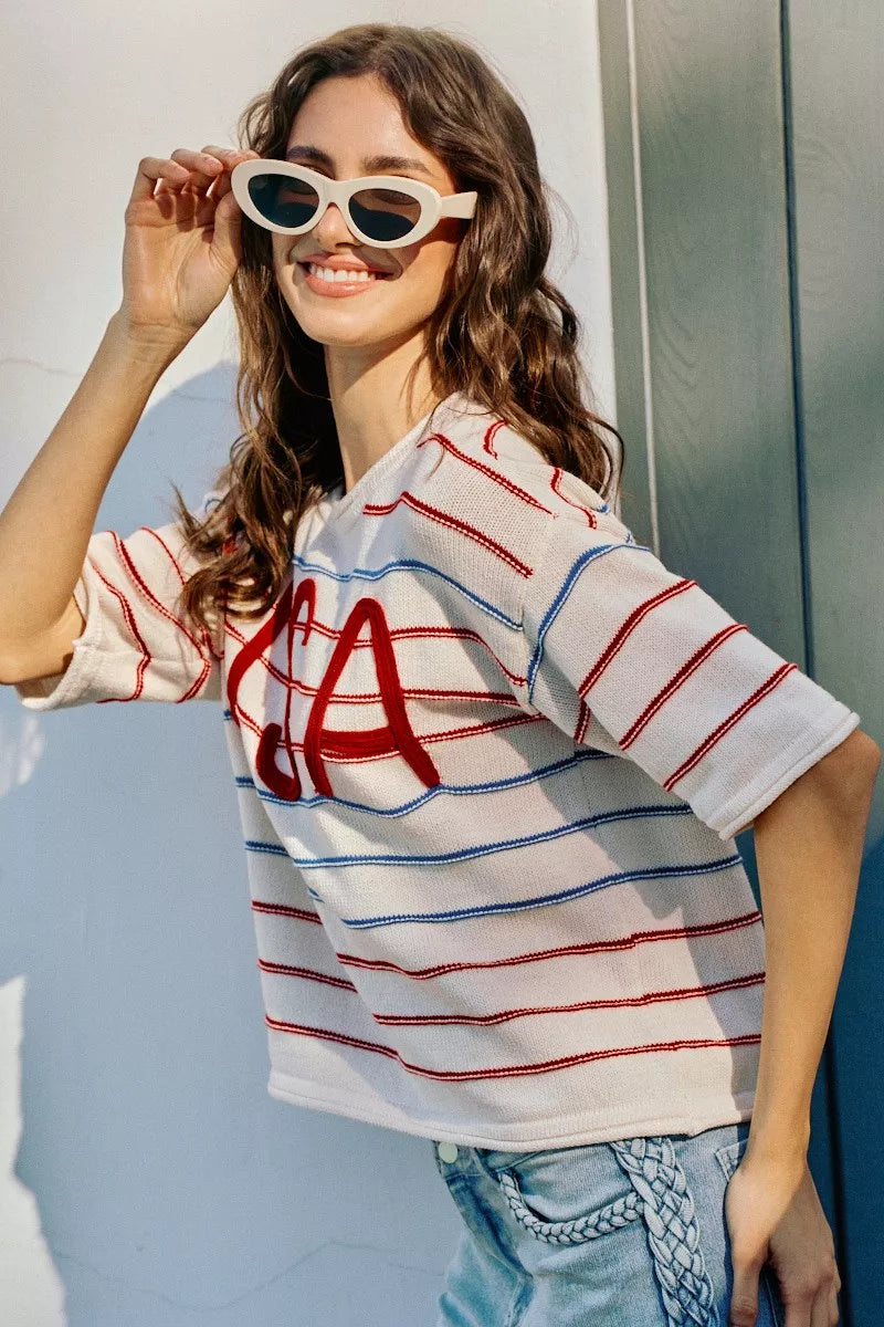 Women's USA Stripe Knit Sweater Top - styled view