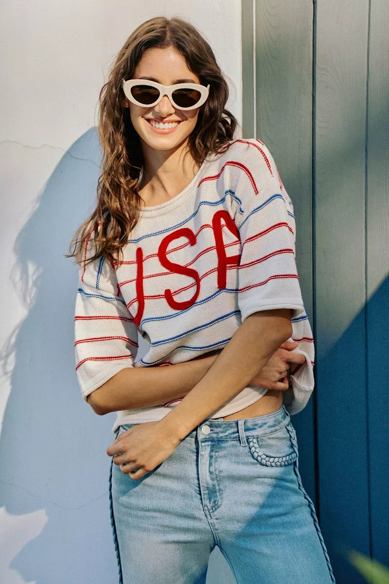 Women's USA Stripe Knit Sweater Top - lifestyle photo