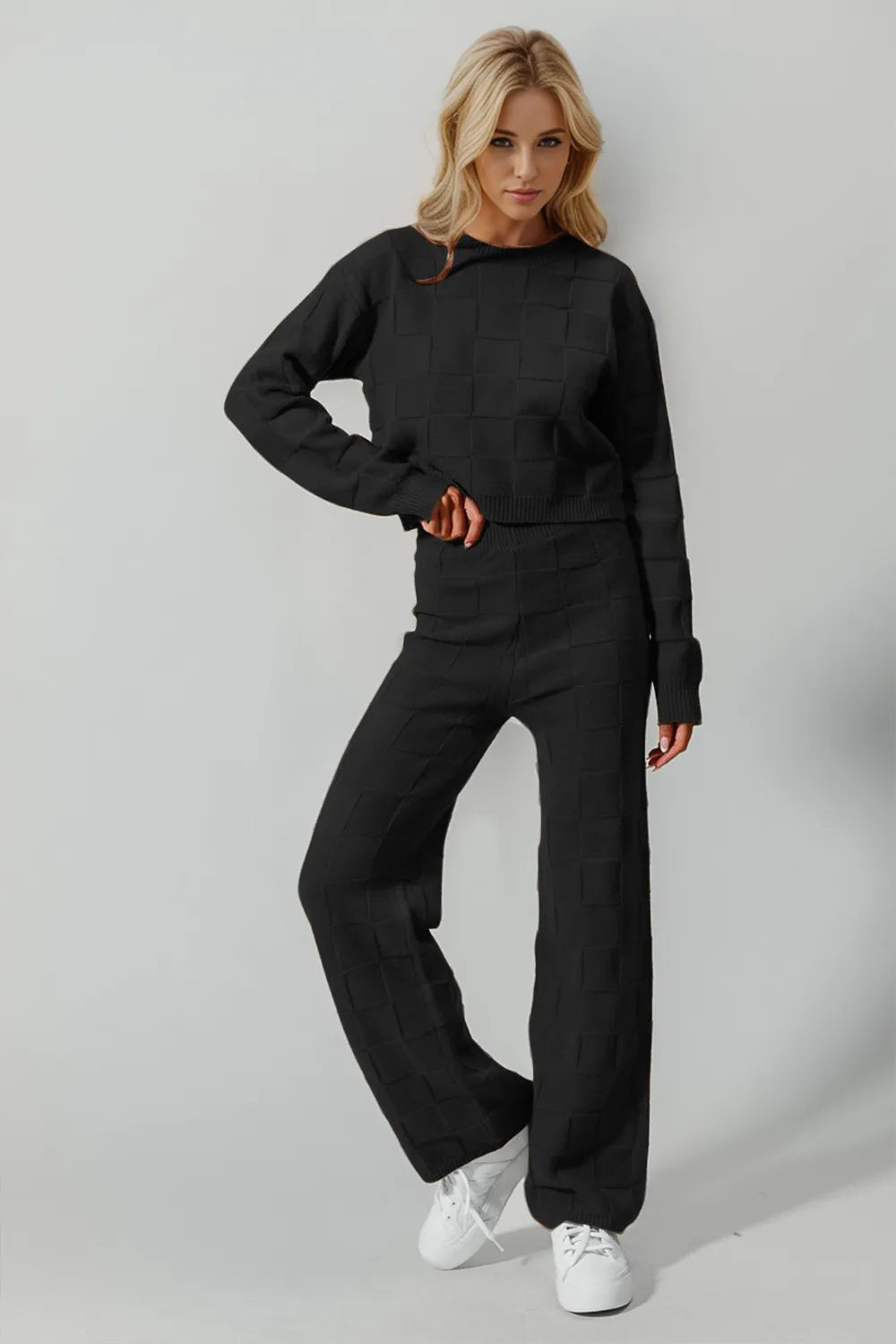 Checkered Knit Matching Set for Women - styled view