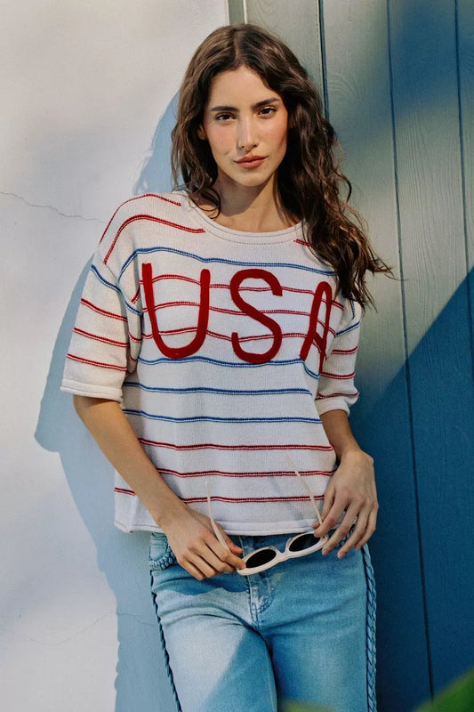 Women's USA Stripe Knit Sweater Top - front view